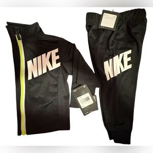 Nike Black Track Jacket and Pants with White Logo and Neon Yellow Zipper